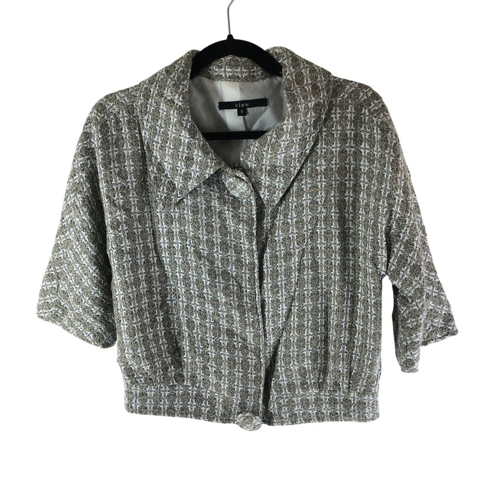 View Womens Y2K Tweed Jacket Cropped Short Sleeve Lined Gray White 8